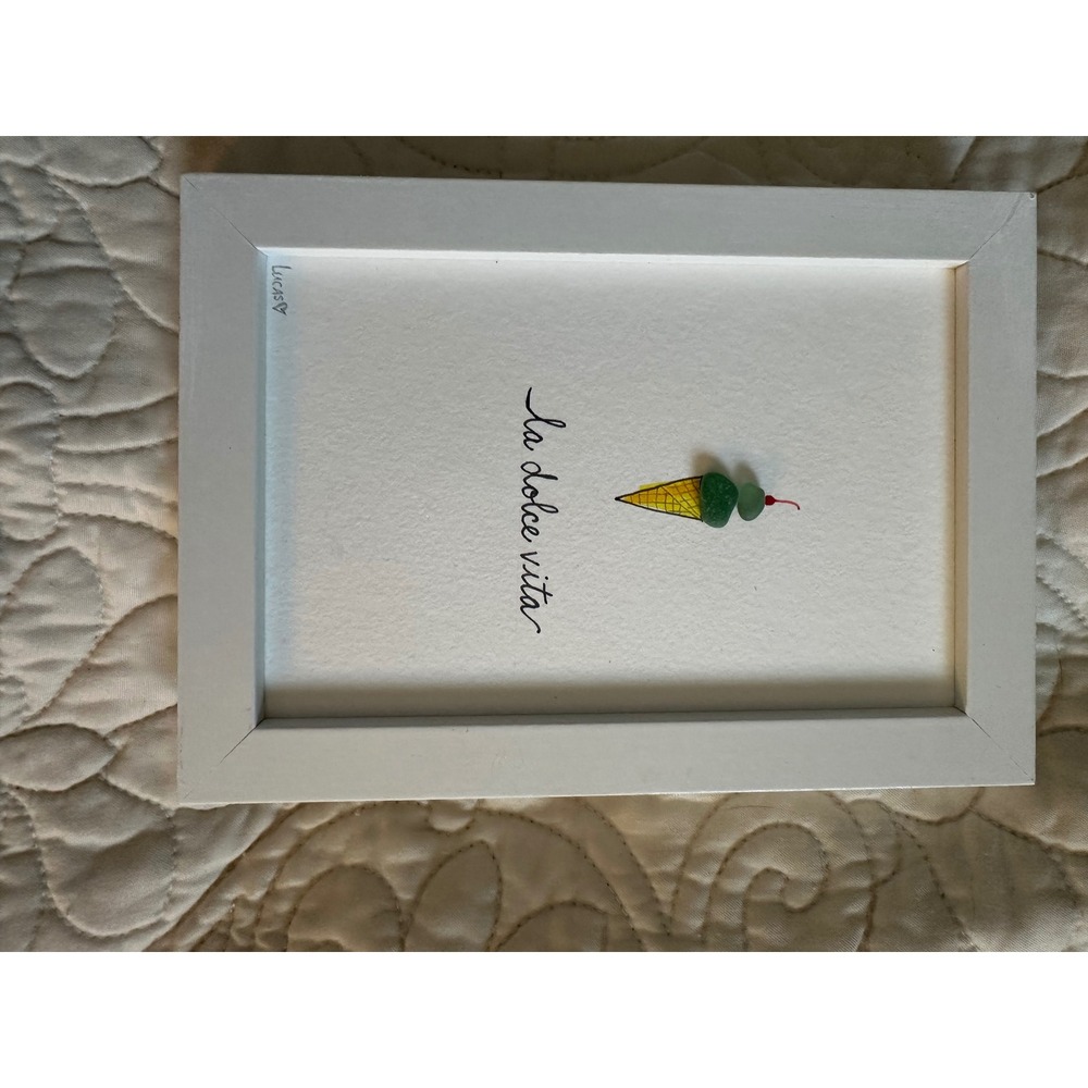 Lucas La Dolce Vita Sea Glass Art Framed Ice Cream Cone Wall Decor White 5x7
